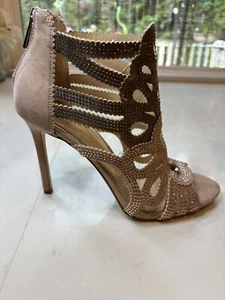 🤎💛New Jessica Simpson Jessila Peeptoe Stiletto Rhinestone Heels 8M Beige - Picture 1 of 11