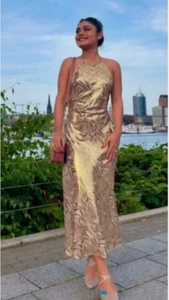 NWT ZARA SS24 FOILANIMALPRINT MIDIHALTEROPENBACK GOLD DRESS 1165/164/035/ SZ XS - Picture 1 of 24