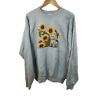 Hanes Womens Sunflowers Kitties Sweatshirt Size XL Green Crewneck Pullover FLAW