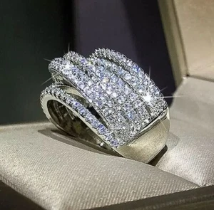 3.00Ct Round Lab-Created Cluster Multi Row Wedding Ring 14K White Gold Plated - Picture 1 of 3