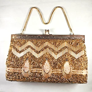 Vintage Abend Clutch Handtasche Tasche Kettenhenkel goldfarben irisierend Aurora Perlen - Bild 1 von 8