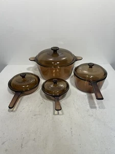 Lote de 8 piezas de sartén de vidrio ámbar Vision Corning Ware vintage, cacerolas, olla de almacenamiento - Imagen 1 de 24