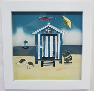 Hand Painted Beach Seaside Themed Glass Picture with Hut,Yacht,Sea Gulls GW101 - Picture 1 of 3