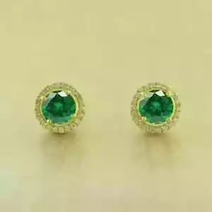 Ohrstecker Rundschliff Laborgefertigt grüner Smaragd Diamant 14K Gelbgold vergoldet - Bild 1 von 4