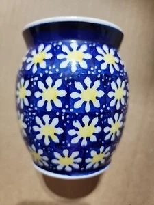 Polish Pottery Boleslawiec Ceramic Vase Blue, White & Yellow Flowers 4 1/2" Tall - Picture 1 of 5