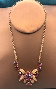 Vintage lila Strass Anhänger Halskette hinten offen kupferfarben Blattmotiv 16" - Bild 1 von 7