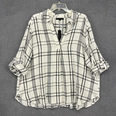 Jane And Delancey Top Womens 2X Black White Plaid Shirt Textured Popover - Image 1 of 4