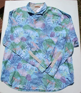 Camicia hawaiana Tommy Bahama grande XL blu verde palme rosa manica lunga 206 OFFERTA nuova con etichette - Foto 1 di 5