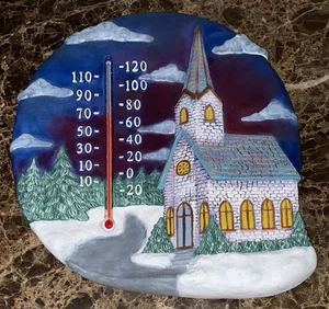 Vintage Ceramic Wall Hanging Thermometer Temperature Gauge Church Themed Painted - Picture 1 of 2