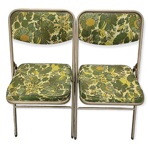 Samsonite Vintage Folding Chairs Avocado Green Harvest Gold Floral Cover