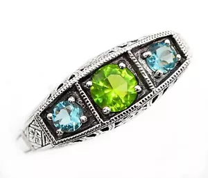 Natural Peridot & Aquamarine 925 Sterling Silver Art Deco Ring Jewelry Sz 9 - Picture 1 of 3