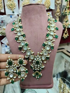 Classy Indian Gold Plated Green Long AD CZ Bridal Necklace Earring Set. - Picture 1 of 3