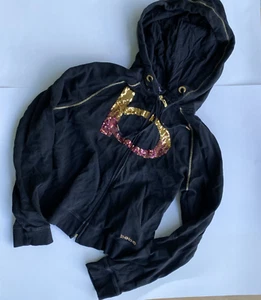 Y2K Vintage Bebe Cotton Black Zipper Hoodie Gold Stitching Sequin B Large - Picture 1 of 7