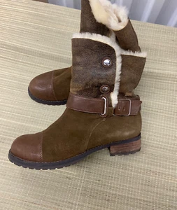 $389 MATT BERNSON Tundra Brown/Green Suede Real Shearling Boots Anthropologie - Picture 1 of 10