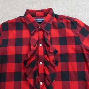 Ralph Lauren Womens Shirt 10 Black Red Ruffle Front Flannel Buffalo Plaid - Picture 1 of 9