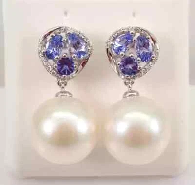 3.50Ct Round Cut Natural White Pearl Drop/Dangle Earrings 14K White Gold Plated - Image 1 of 4