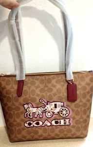 Coach Fiona Signature Tote Bag Purse Black Cherry & Tan Horse & Carriage NWT - Picture 1 of 10