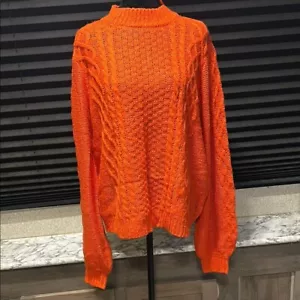 Volcom Women’s Orange Rust High Neck Bishop Sleeve Cable Knit Sweater Large - Picture 1 of 8