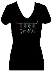 ALL RHINESTONE GET LIT CHRISTMAS FUNNY V NECK SHORT SLEEVE BLING TEE SHIRT - Imagen 1 de 2
