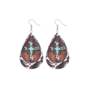 Cross Western Print Teardrop Earrings (1.5x2.2in) - Picture 1 of 4