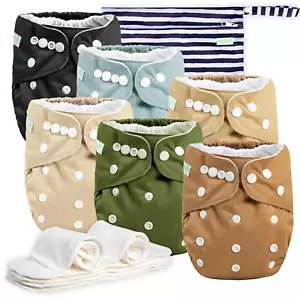 Cloth Diapers 6 Pack with 6 Inserts & 1 Wet Bag, Washable Reusable Diapers for B - Picture 1 of 12