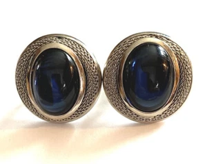 Vintage Silver Tone Round With Blue Oval Cabachon Clip Back Earrings - Picture 1 of 4