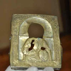 icono Jesucristo Pantocrátor OKLAD SIGLO XIX antiguo LATÓN - Imagen 1 de 9