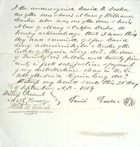 1859 Handwritten Receipt for Estate Distribution - David W. Dasher - Picture 1 of 3