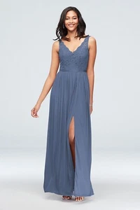 David's Bridal Lace & Mesh V-Neck Bridesmaid Dress - 14, Steel Blue, MSRP $170 - Picture 1 of 4