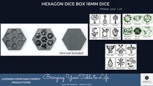Hexagon 3D Printed Würfelbox With Emblem 16mm Würfel - Bild 1 von 4