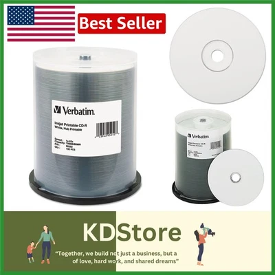 100 Pack White Hub Printable CD-R Discs - 700MB 52X High-Speed Recording - Image 1 of 4