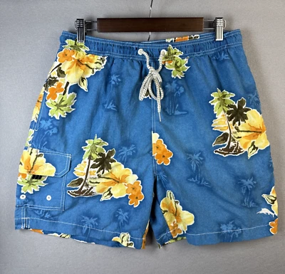 Tommy Bahama Swim Trunks Men's Medium Blue Yellow Tropical Hawaiian Lined Pocket - Image 1 of 4