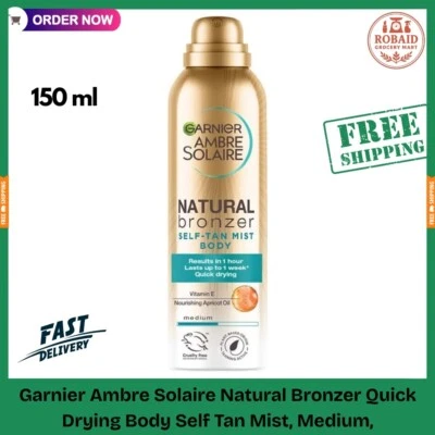 BRANDED Garnier Ambre Solaire Natural Bronzer Quick Drying Body Self Tan Mist, Medium,