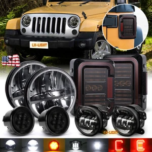for Jeep 07-18 JK Smoke Tail Light 7" Led Headlight Turn Signal 4" Fog Lamp Kits - Picture 1 of 12