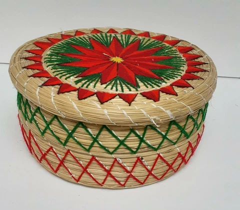 Pine Needle Basket Lidded Hand Woven Embroidered Sewing Storage 9" Cover