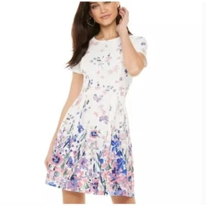 Women's Plus Elle Short Sleeve White Floral Pink Purple Spring Dress XXL - Picture 1 of 10