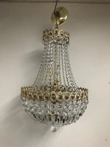 Vintage Hollywood Regency Crystal Chandelier Brass Basket Ceiling Lighting 60s - Picture 1 of 13