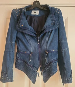 SX Blue Denim Womens Jean Jacket Studded Moto Biker Long Sleeve Many Zips Sz S-M - Picture 1 of 12
