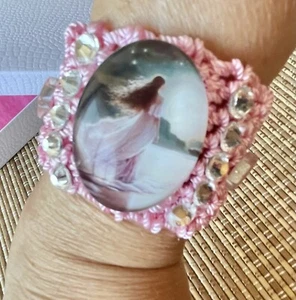 Hand Knits 2 Love Bracelet Pink Lady Cabochon Crystals Beads Designer Feminine - Picture 1 of 9