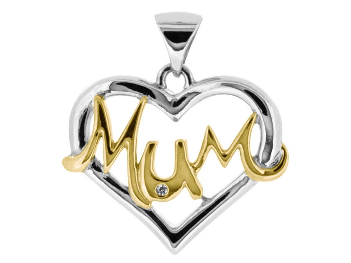 Pendente In Argento Sterling 9 Carati Giallo E Rodio Mamma Pietra Bianca 1Mm - Immagine 1 di 1