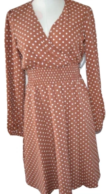 DRAPER JAMES Empire Waist Lined Dress BROWN/WHITE Polka Dots Size S Vtg Kohl's - Image 1 of 4