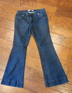 Mixit Jeans Sz 12 Dark Blue Denim Stretch Flare Leg Mid Rise 35" X 30.5" Buttons - Picture 1 of 14
