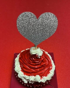 12 Heart Cupcake Toppers Birthday Party Celebrations SILVER Glitter Card 5cm - Picture 1 of 5