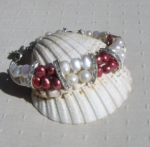 SALE - Red & White Freshwater Pearl Glamour Crystal Beaded Bracelet - Picture 1 of 7
