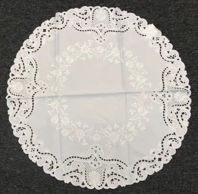 Solid White Wedding Bridal Events Floral Embroidery Fabric 33" Tablecloth Round - Image 1 of 4