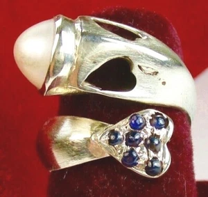 Vintage Art Deco 925 St. Silver Ring, With Pearl & Blue Sapphires, Size O - Picture 1 of 4