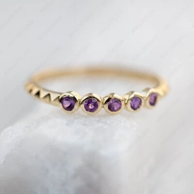 Natural Amethyst Distance Eternity Ring, 14k Yellow Gold Stackable Birthday Ring - Image 1 of 4
