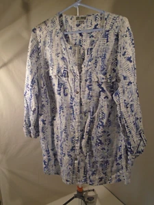 Linen Button Down Shirt JM Collection Woman Size 16 Blue white 3/4 Sleeve - Picture 1 of 5