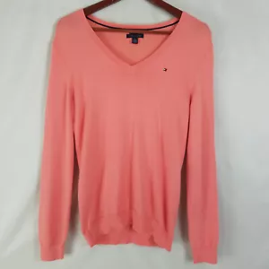 Tommy Hilfiger Shirt Damen Small Peach Preppy Oberteil Langarm V-Ausschnitt Pima - Bild 1 von 10