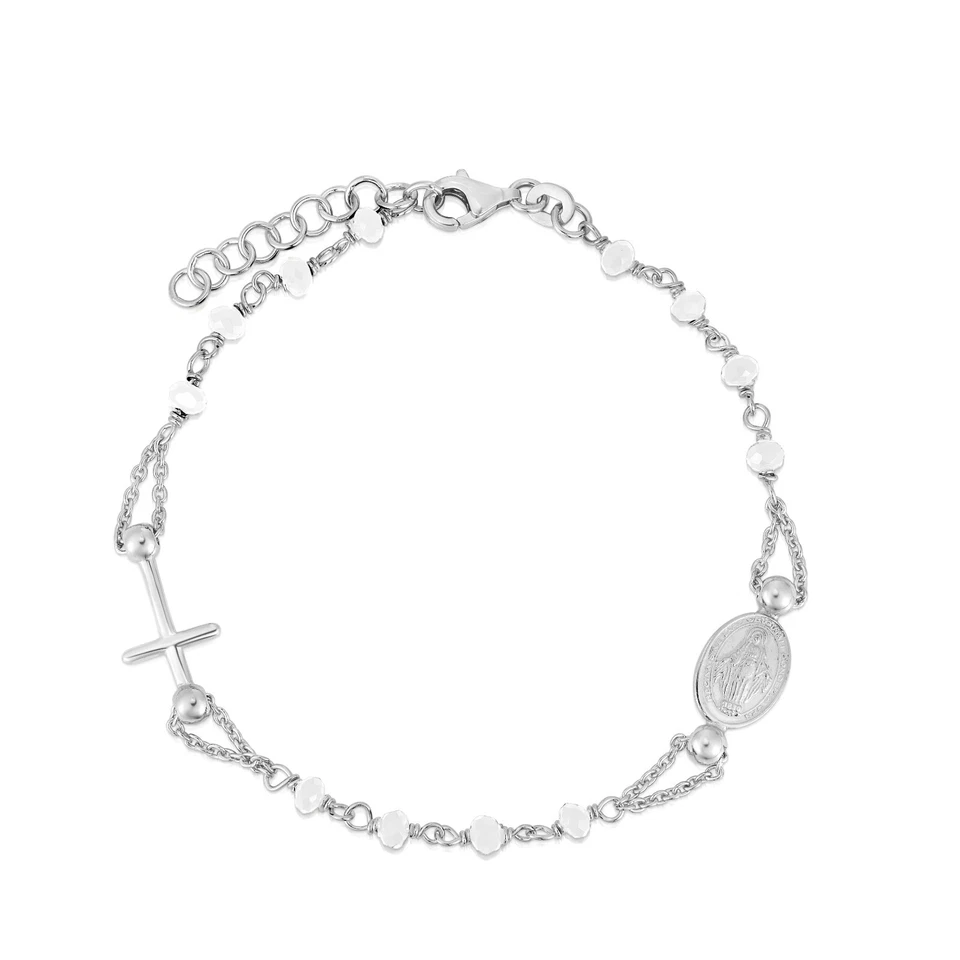 Pulsera para mujer con dije de cuentas de cristal y cruz rosario de plata de ley 925 maciza Foto 1 de 1